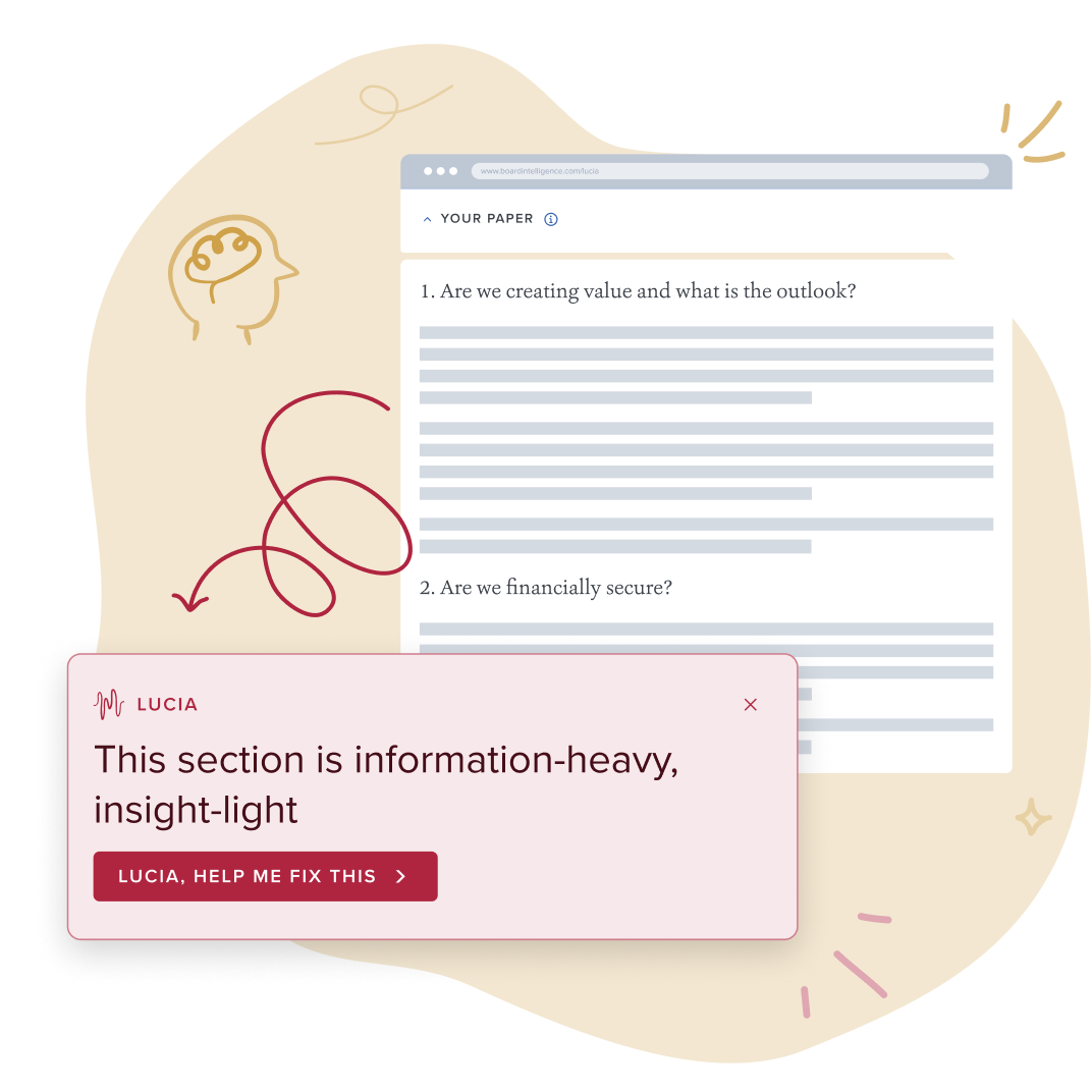 A screenshot of Board Intelligence’s management reporting software, Lucia, telling a report writer that the content is information-heavy but insight-light.